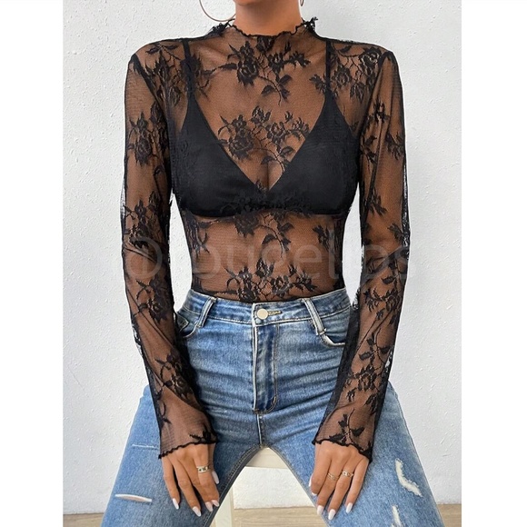 Black Lace Sheer Floral Long Sleeve Top Shirt - Picture 5 of 8